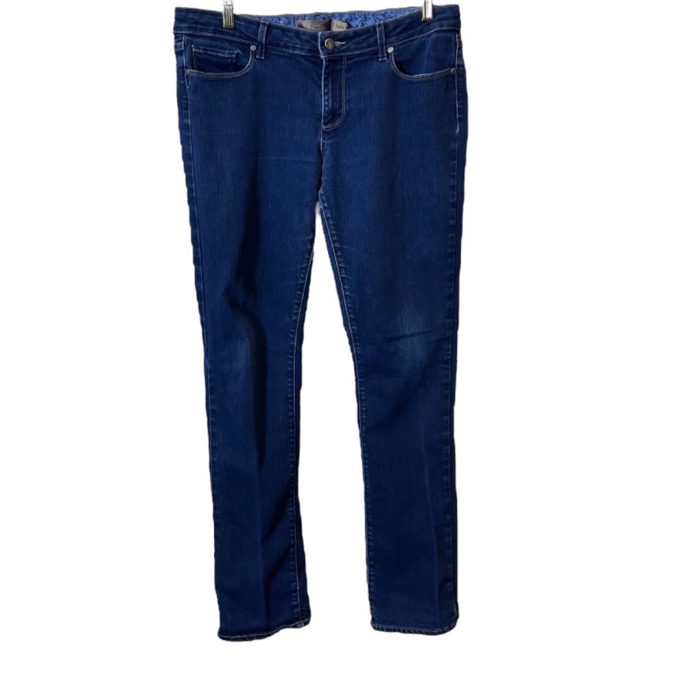 Paige Classic Skyline Skinny Jeans Mid Rise Medium Blue W/White Stitching. Sz 32